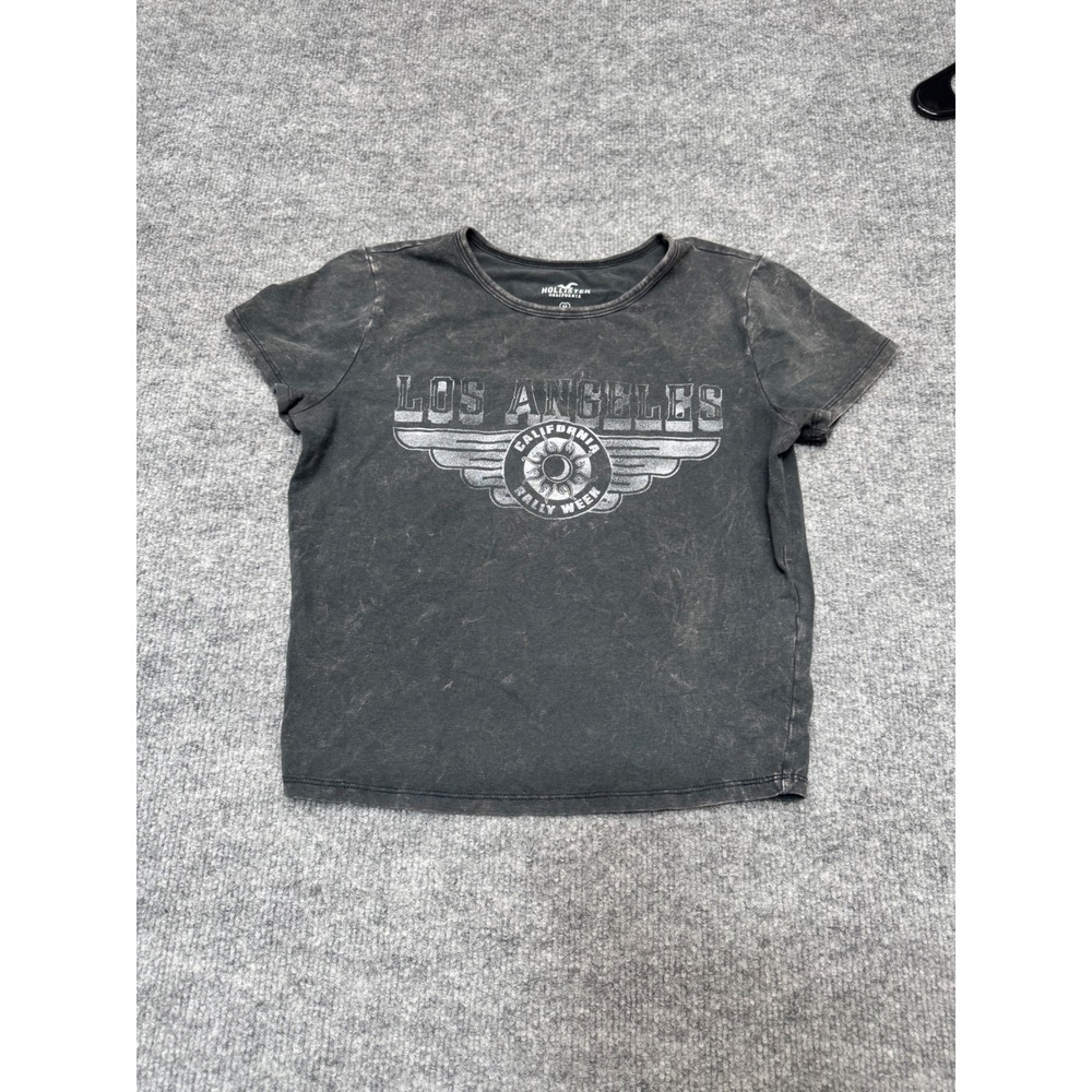 Hollister Los Angeles California Graphic Baby Tee Grey Acid Wash Biker Shirt M